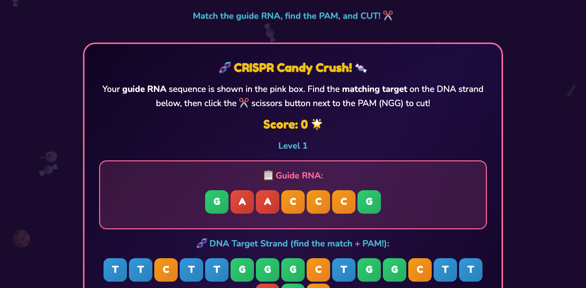 Kid-friendly CRISPR Candy Crush game with colorful DNA tiles, generated via the Customize feature