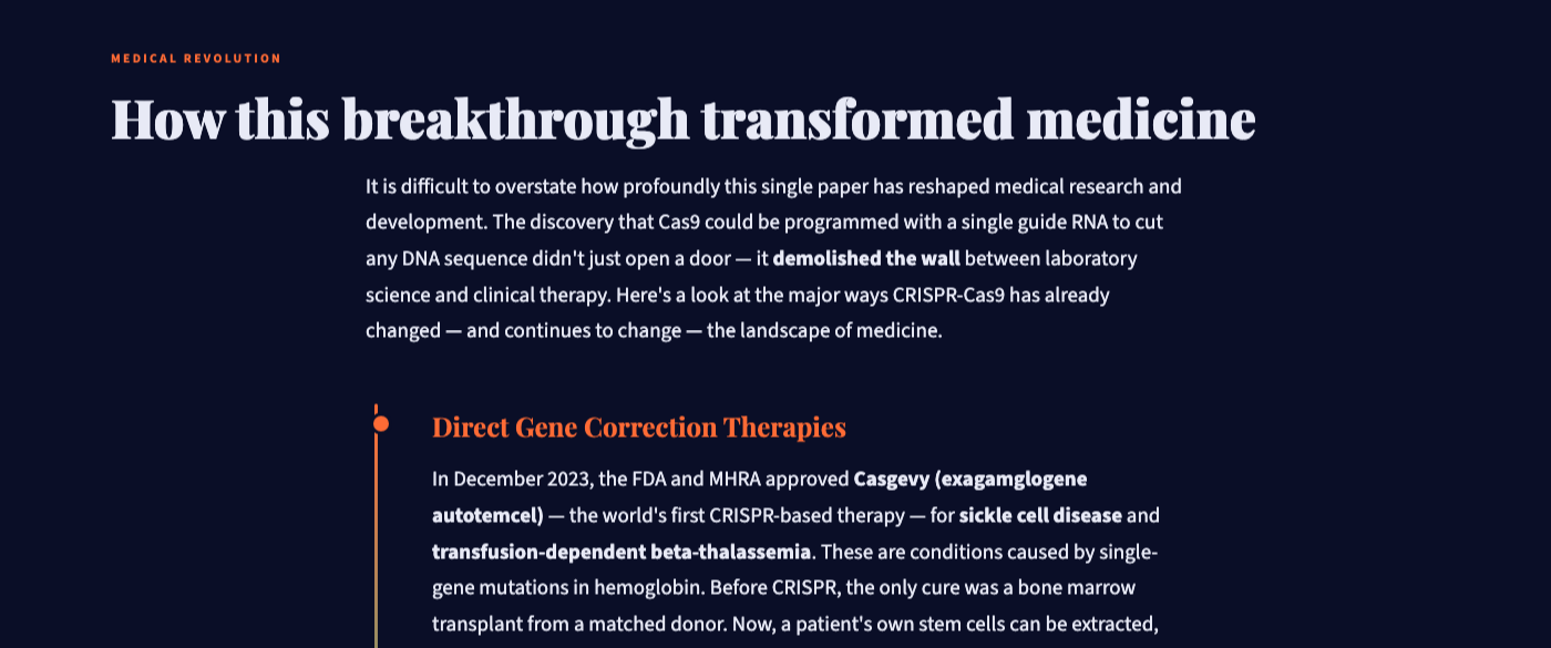 Non-technical CRISPR explanation with a custom "Medical Revolution" section added via the Customize feature